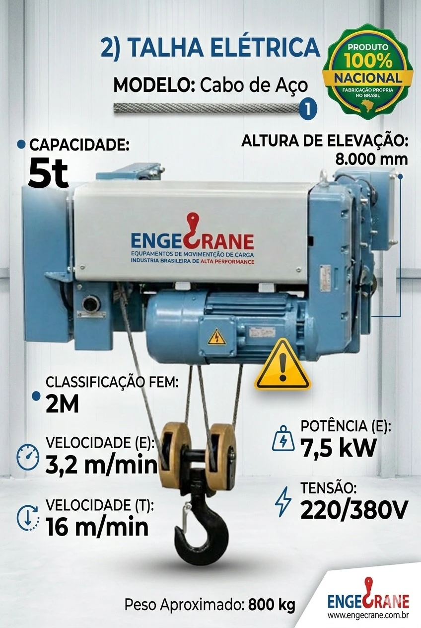 Talha elétrica de cabo de aço Engecrane, 5 toneladas